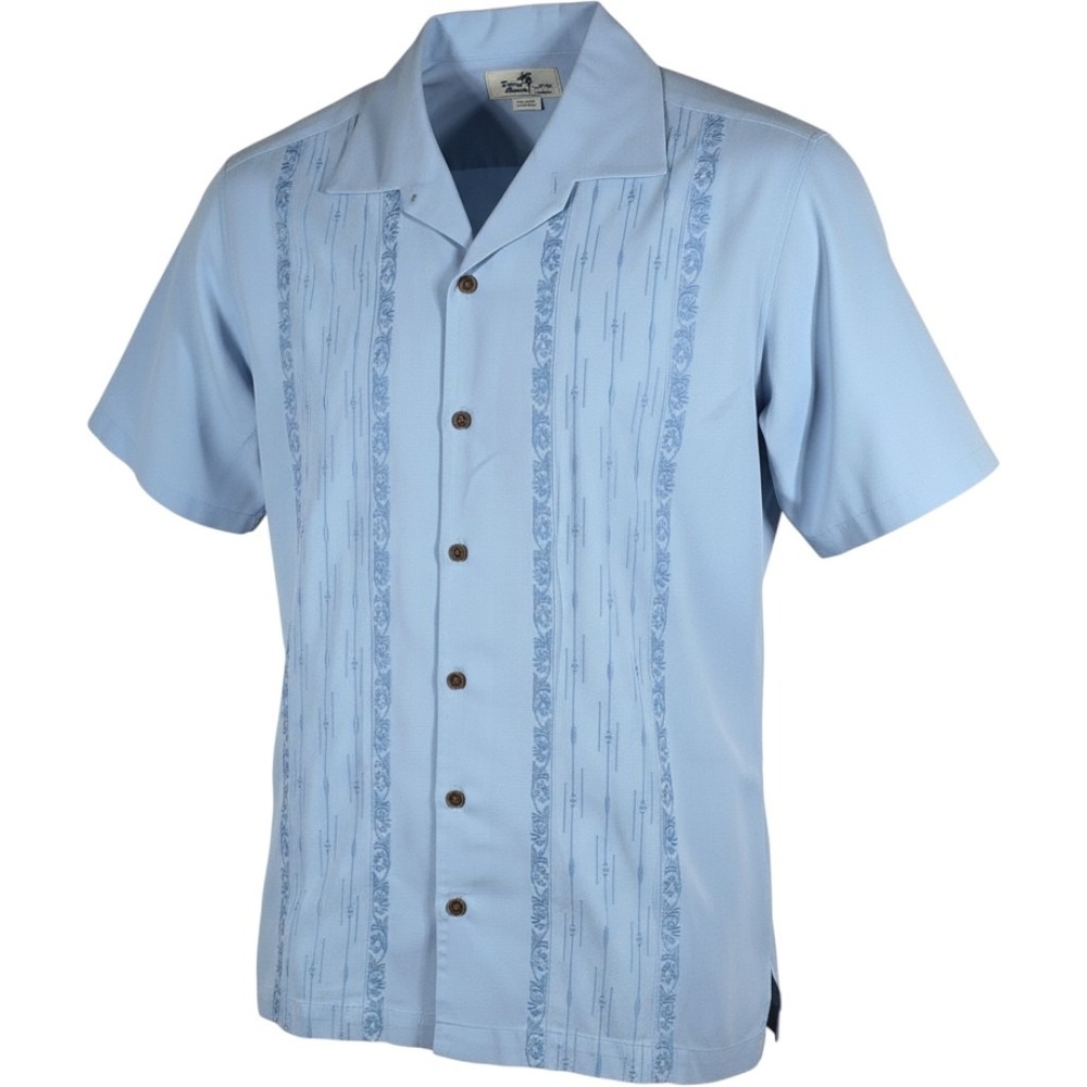 Tommy Bahama Men's Large Blue Silk Cotton Embroidered Camp Shirt Short Sleeve